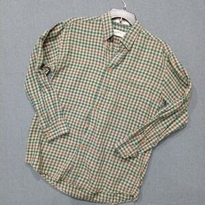 Orvis Mens Medium Green Tan Plaid Tattersall Long Sleeve Cotton Button Down
